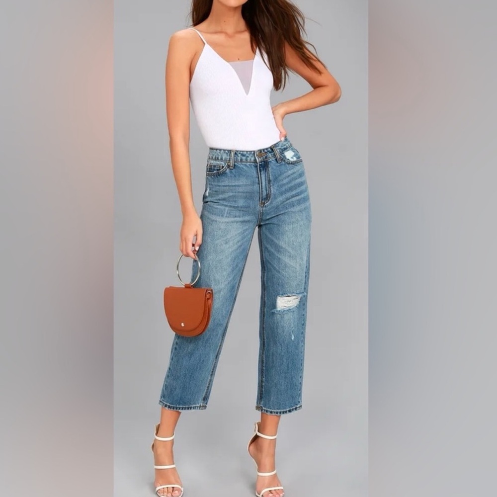 Blue Cropped Wide-Leg Jeans with Distressed Details